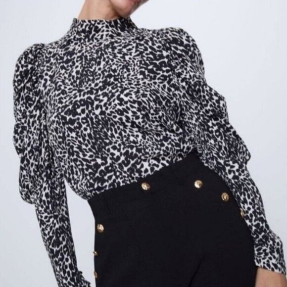ZARA Blouse Size Medium Belted Leopard Animal Print Chiffon Leg O' Mutton Puff - Picture 1 of 12